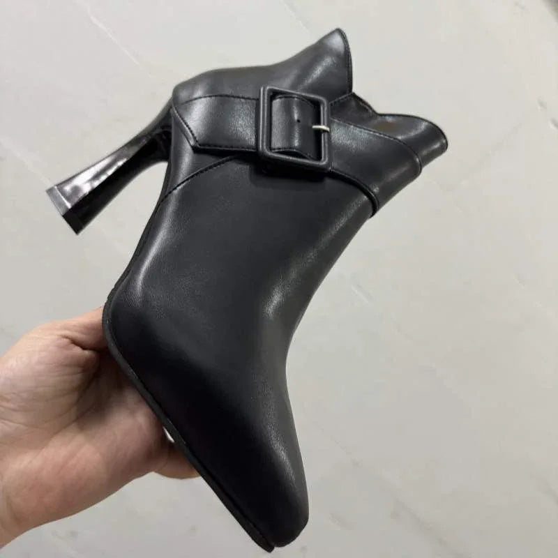 Faux Leather Pointed Toe High Heel Ankle Boots with Buckle Detail for Women - tif-shop24.de