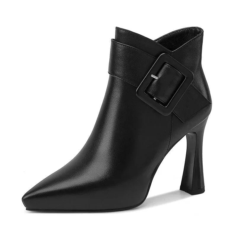 Faux Leather Pointed Toe High Heel Ankle Boots with Buckle Detail for Women - tif-shop24.de