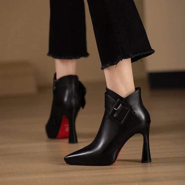 Faux Leather Pointed Toe High Heel Ankle Boots with Buckle Detail for Women - tif-shop24.de