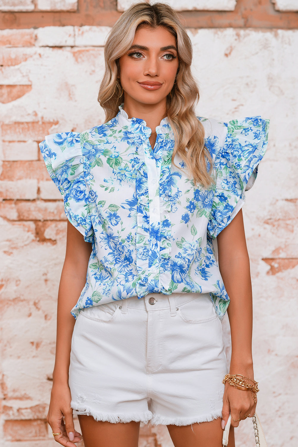 Sky Blue Floral Print Ruffle Sleeve Frill Shirt