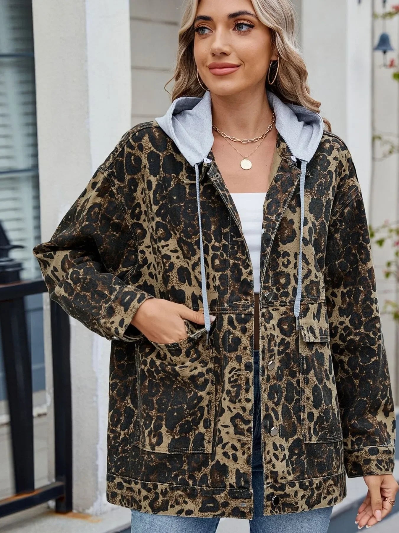 Oversized Button Up Denim Jacket with Hood - tif-shop24.de