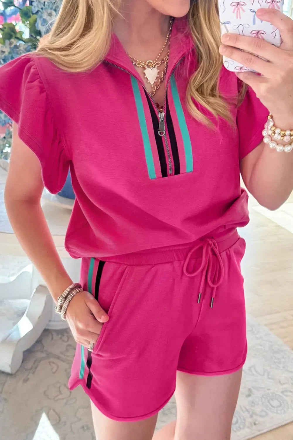 Striped Detail Flutter Sleeve Zipped Collar Top and Short Set - tif-shop24.de