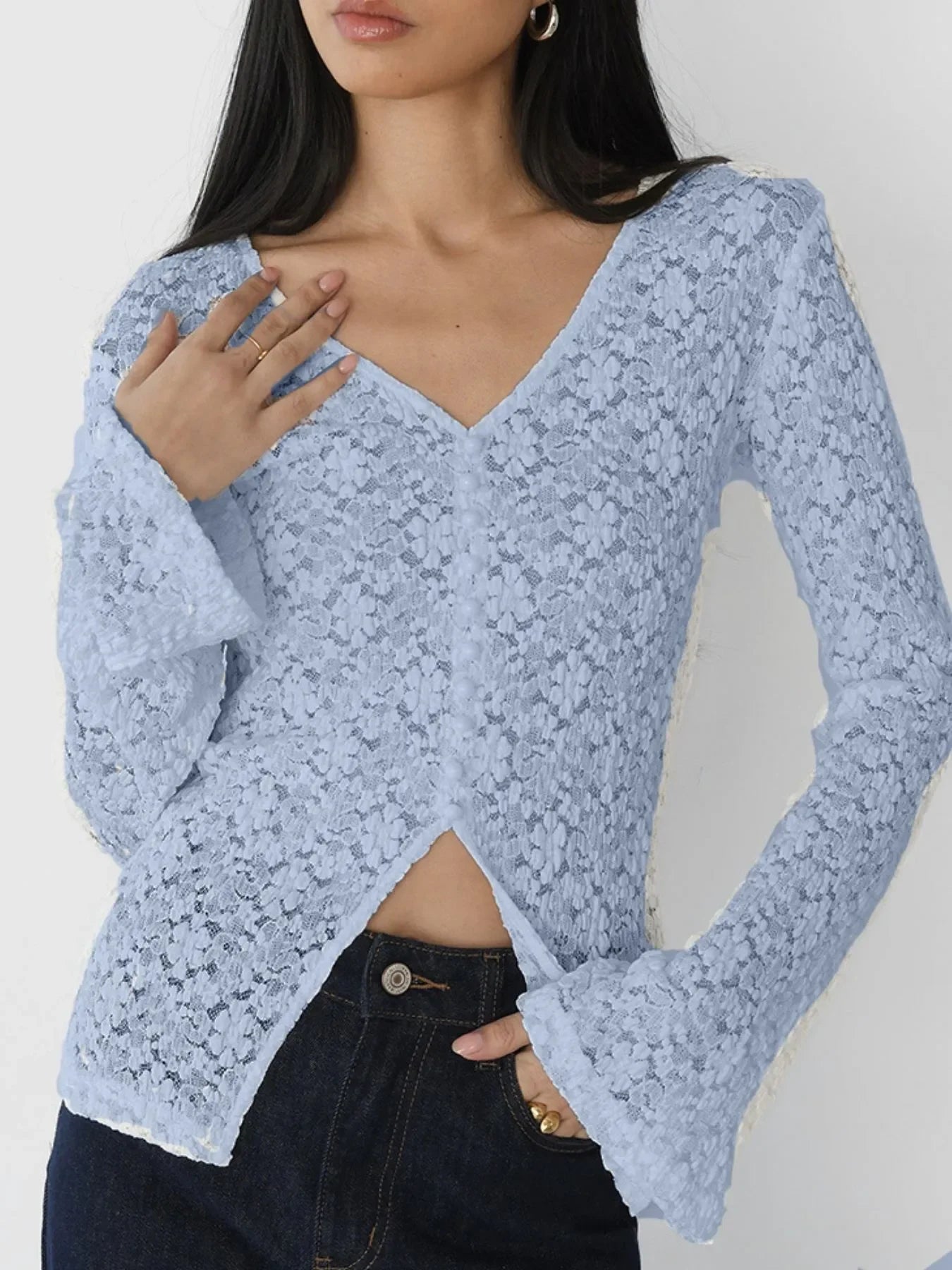 Lace V-Neck Flare Sleeve T-Shirt - tif-shop24.de