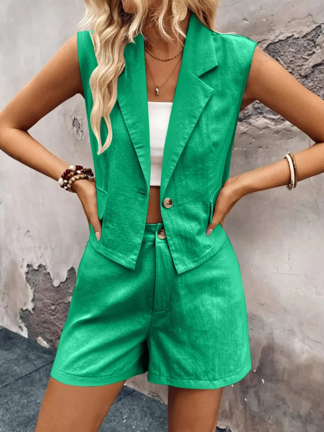 One Button Sleeveless Top and Shorts Set - tif-shop24.de