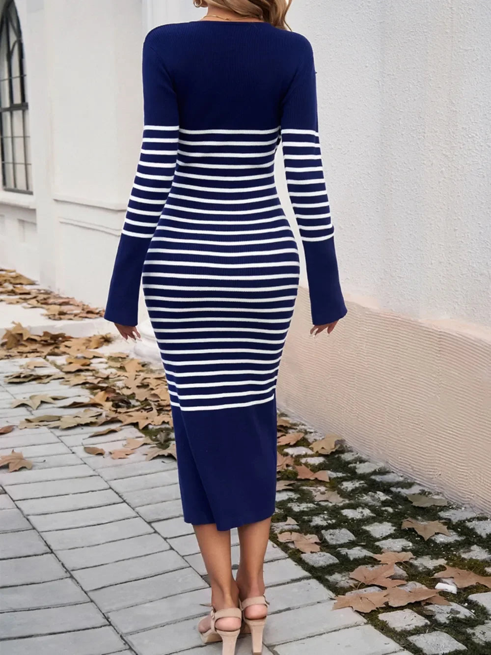 Devine Striped V-Neck Long Sleeve Sweater Dress - tif-shop24.de