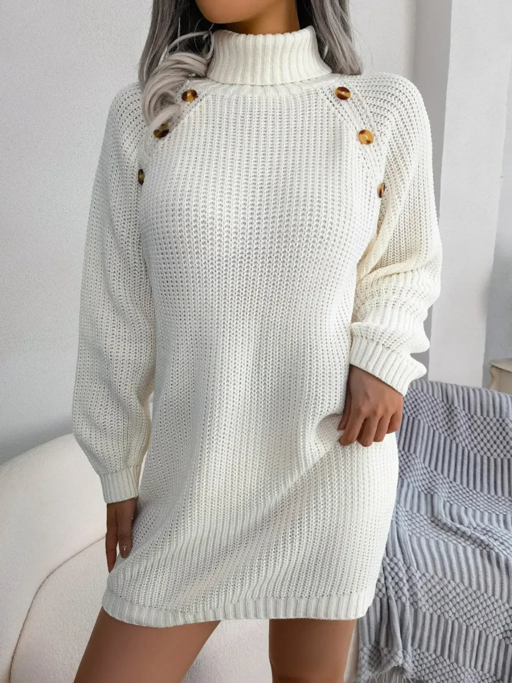 Decorative Button Turtleneck Sweater Dress - tif-shop24.de