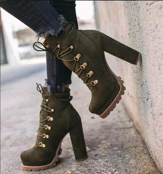Heeled Boots For Women Round Toe Lace UP High Heels Boots Mid Calf Shoes - tif-shop24.de