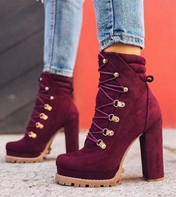 Heeled Boots For Women Round Toe Lace UP High Heels Boots Mid Calf Shoes - tif-shop24.de