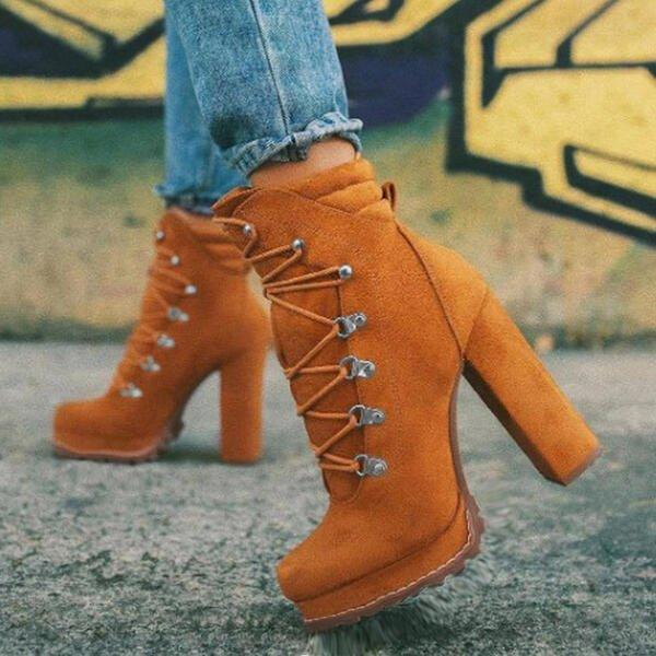 Heeled Boots For Women Round Toe Lace UP High Heels Boots Mid Calf Shoes - tif-shop24.de
