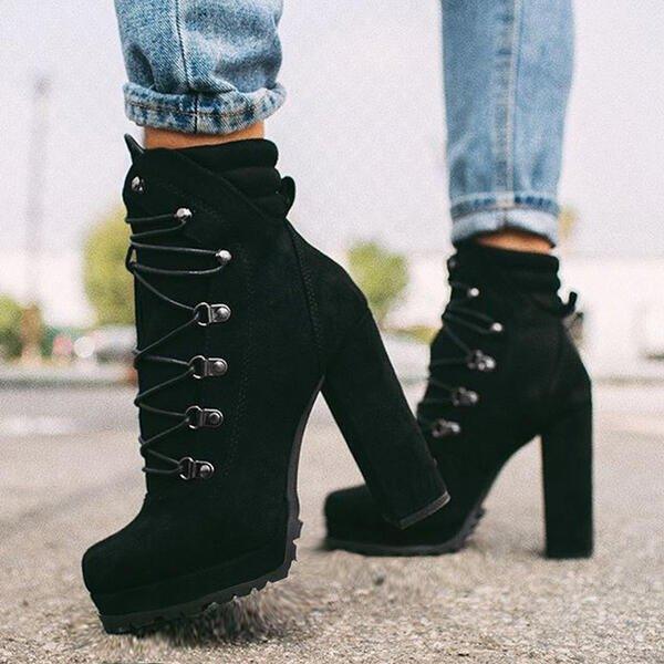 Heeled Boots For Women Round Toe Lace UP High Heels Boots Mid Calf Shoes - tif-shop24.de