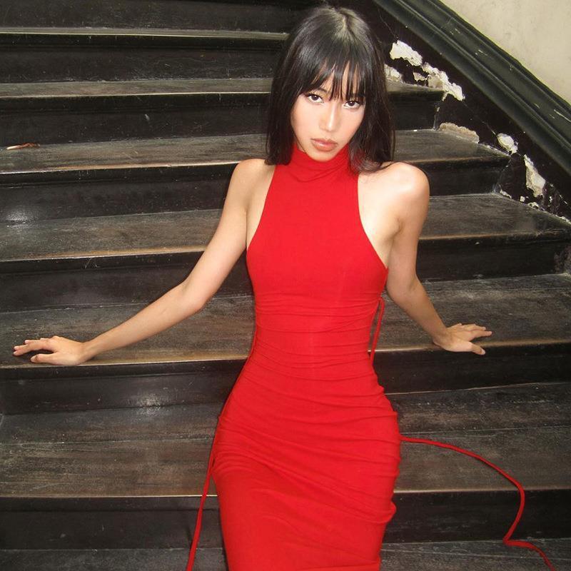 Hollow out sleeveless hanging neck slim party dress for women - tif-shop24.de