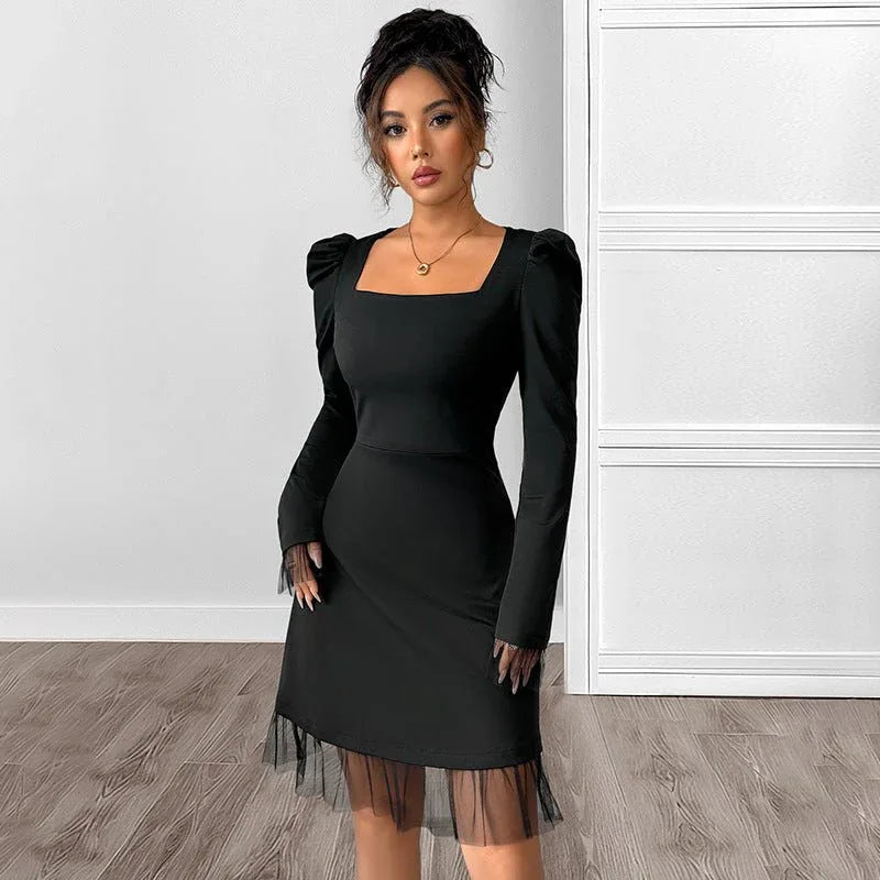 Lace Splicing Long Sleeve Square Neck High Waist A-line Dress - tif-shop24.de