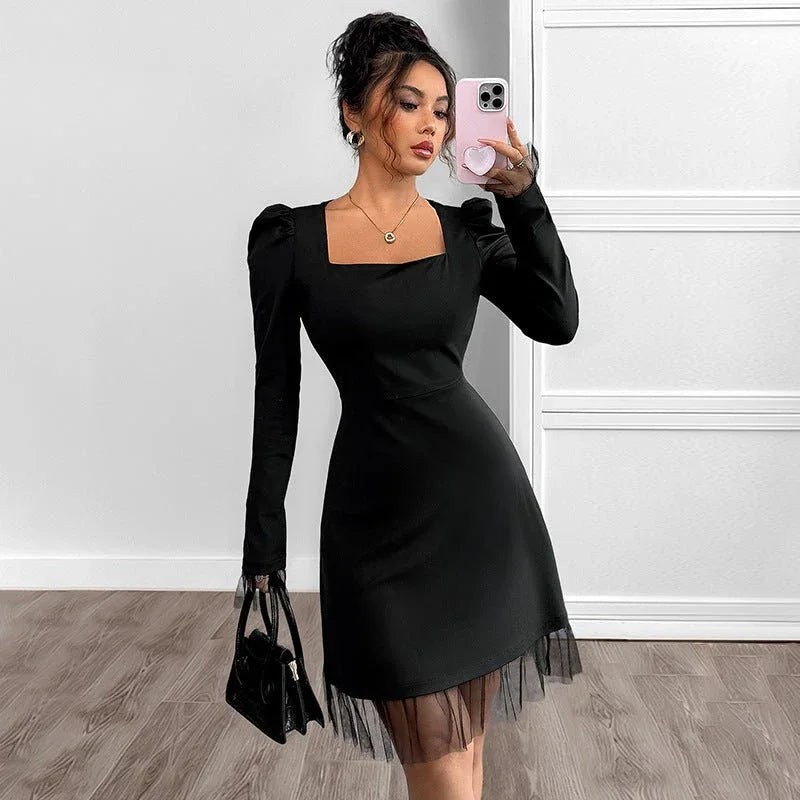 Lace Splicing Long Sleeve Square Neck High Waist A-line Dress - tif-shop24.de