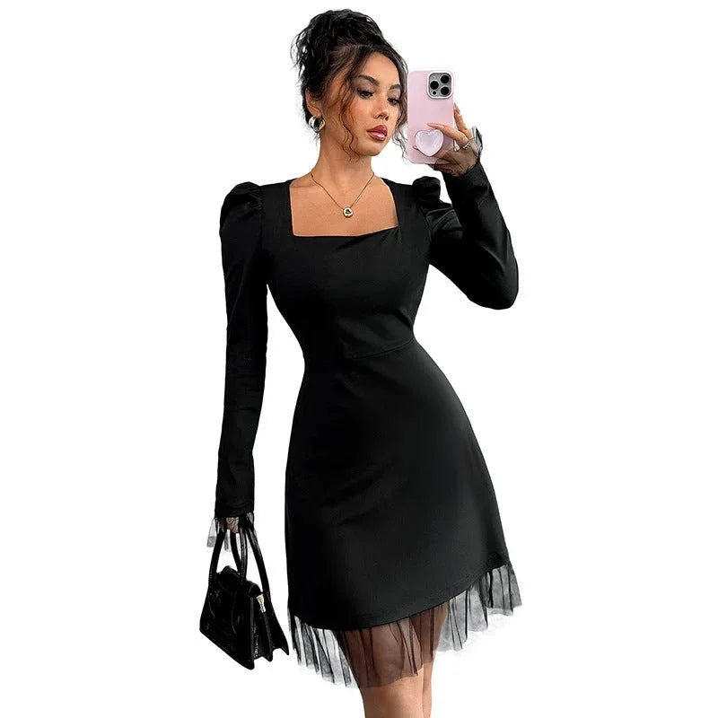 Lace Splicing Long Sleeve Square Neck High Waist A-line Dress - tif-shop24.de
