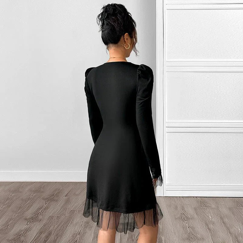 Lace Splicing Long Sleeve Square Neck High Waist A-line Dress - tif-shop24.de