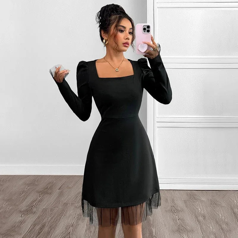 Lace Splicing Long Sleeve Square Neck High Waist A-line Dress - tif-shop24.de