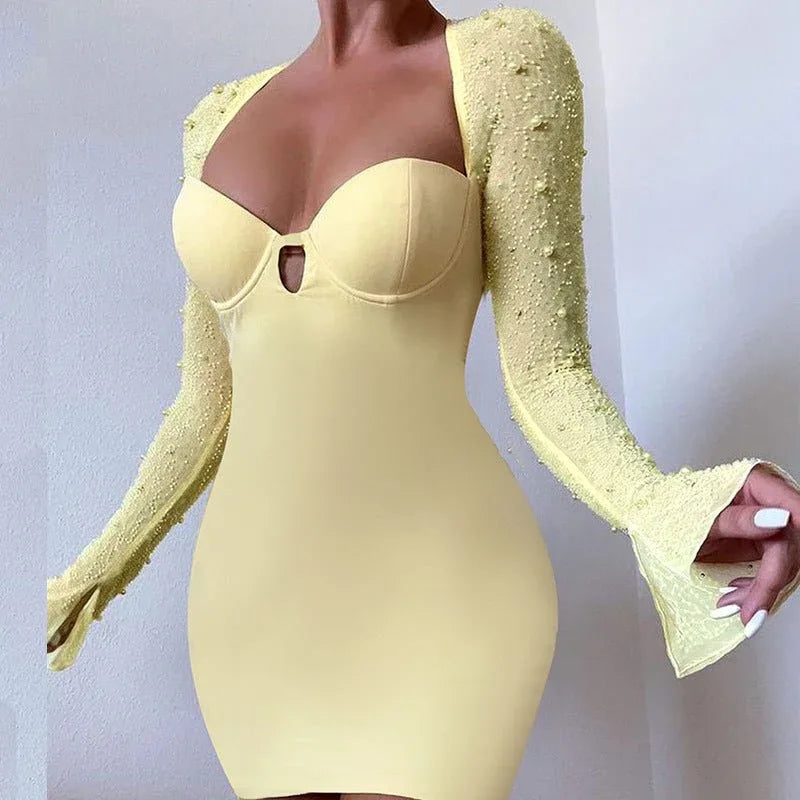 Nail bead long sleeved temperament slim fit dress for women - tif-shop24.de