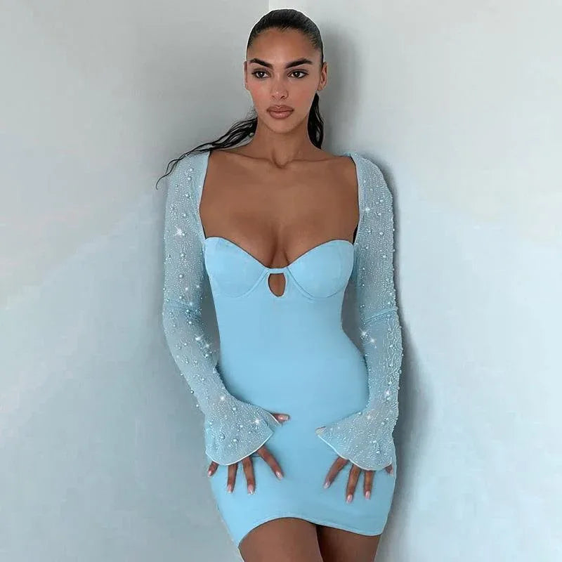 Nail bead long sleeved temperament slim fit dress for women - tif-shop24.de