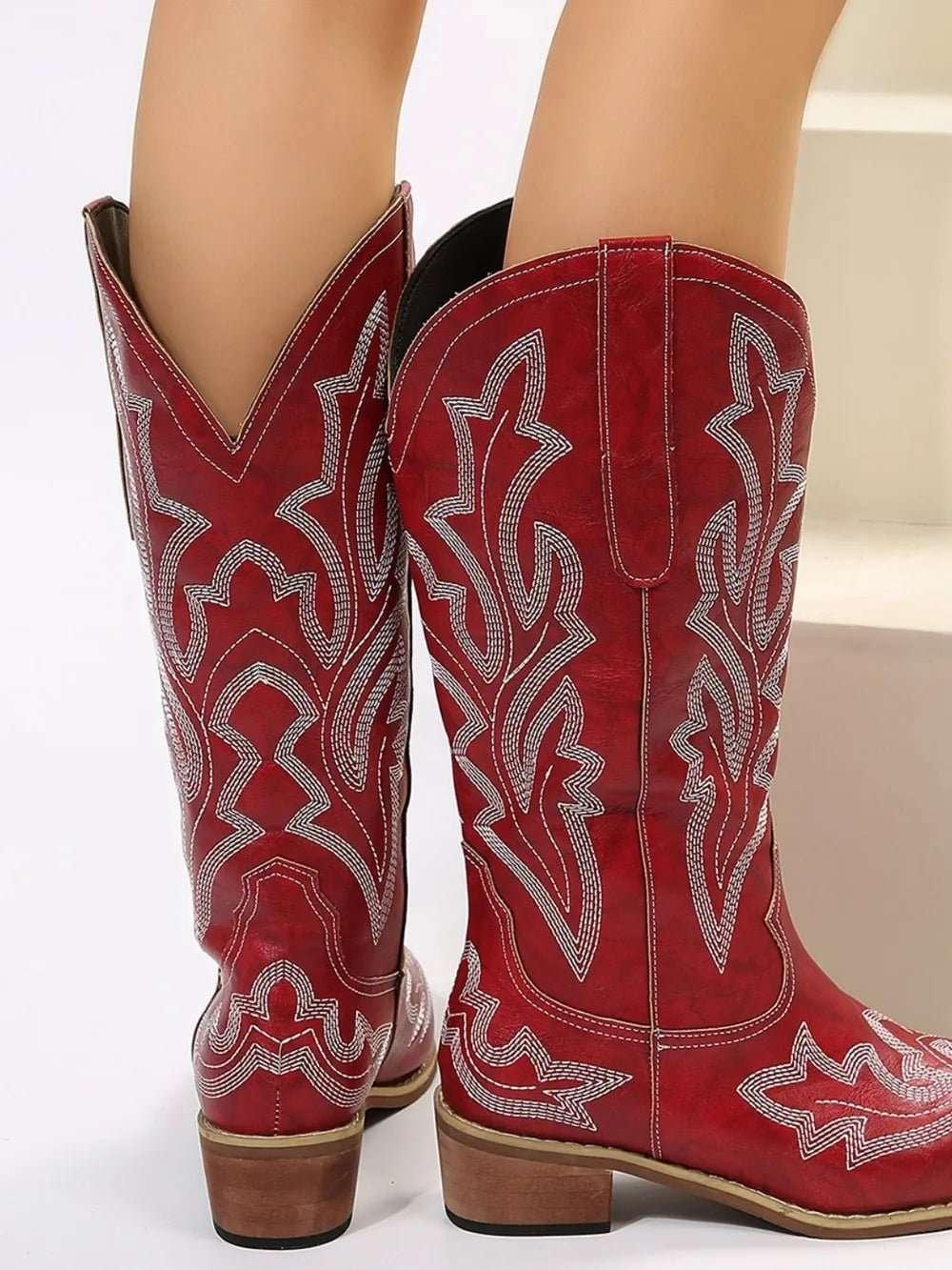 PU Leather Embroidered Geometric Point Toe Boots - tif-shop24.de