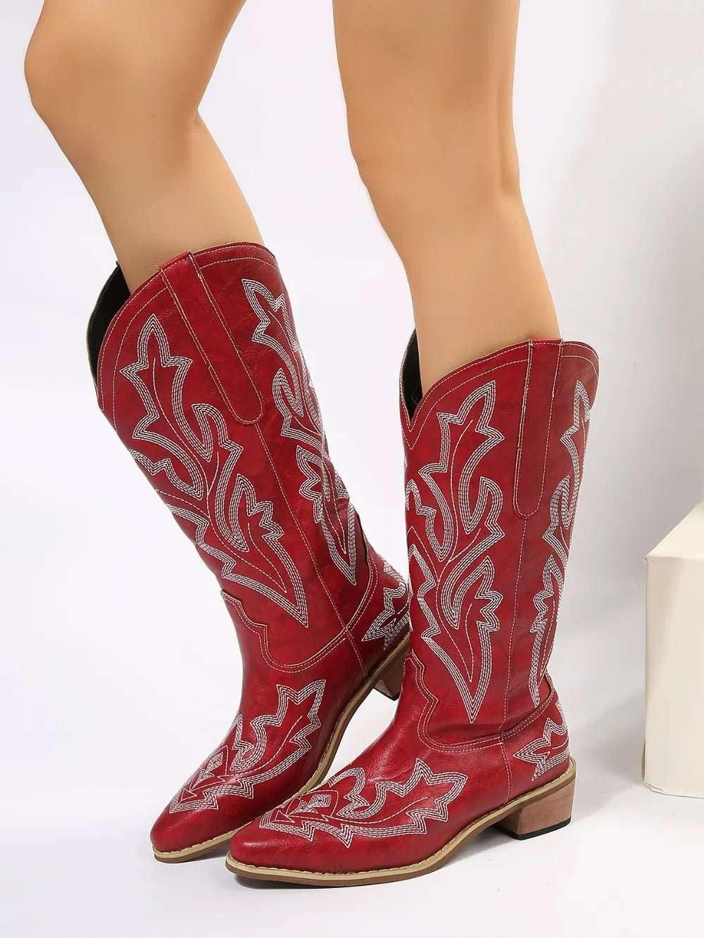 PU Leather Embroidered Geometric Point Toe Boots - tif-shop24.de