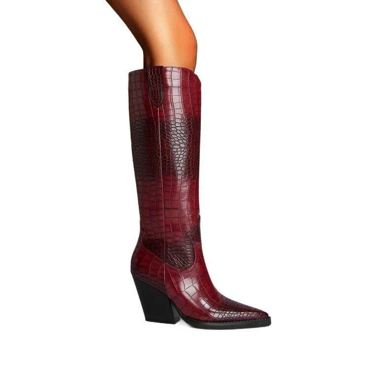 Pump Heel Pointed Toe Plaid Long Boots Women Wine Red Dark Brown Adult Order - tif-shop24.de