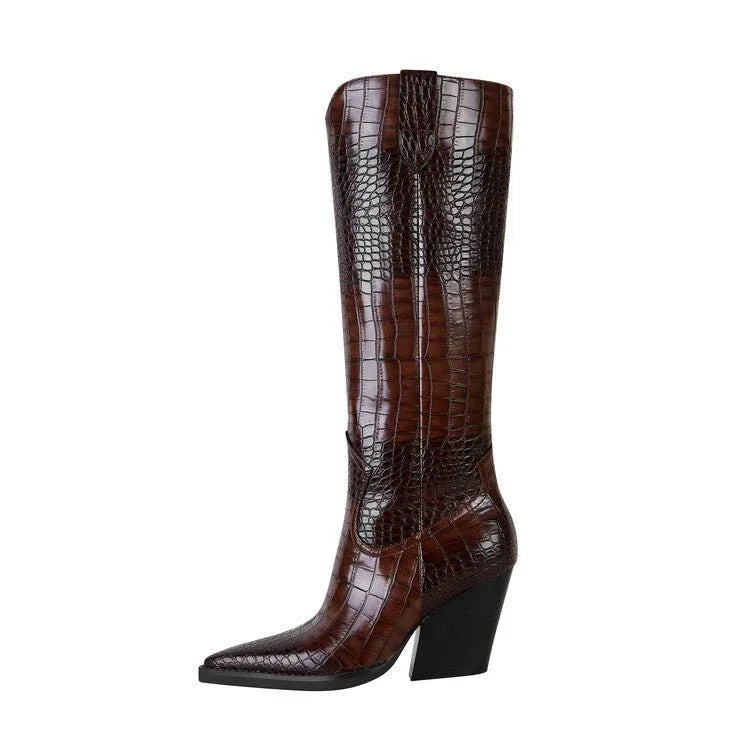 Pump Heel Pointed Toe Plaid Long Boots Women Wine Red Dark Brown Adult Order - tif-shop24.de