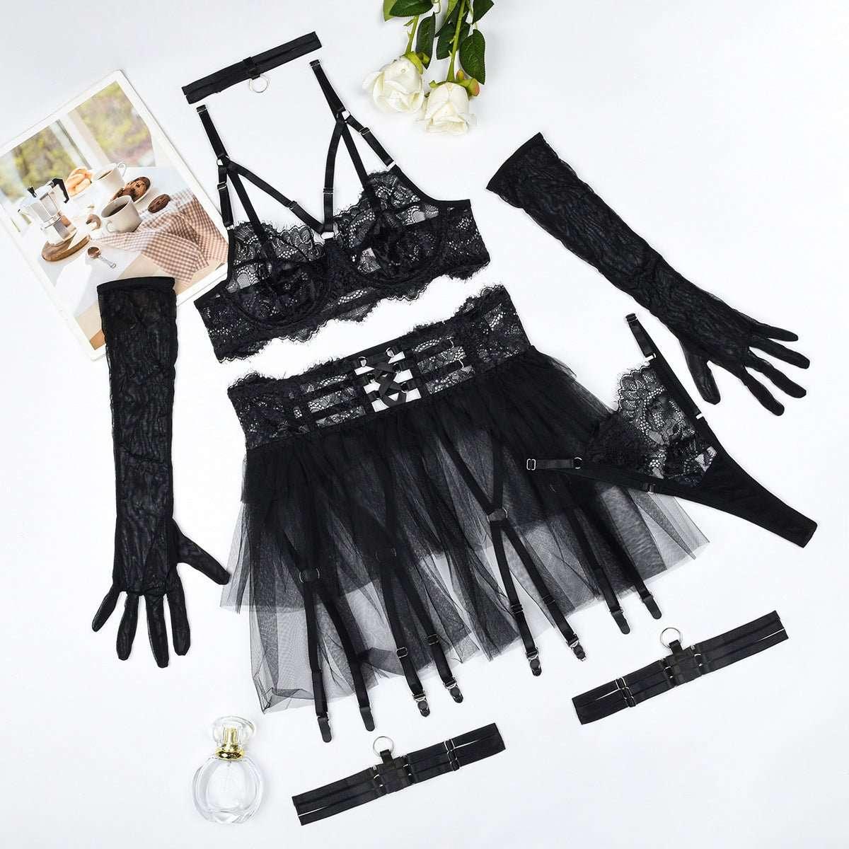 Sexy lingerie lace see through mesh sexy fluffy skirt six piece set for women - tif-shop24.de