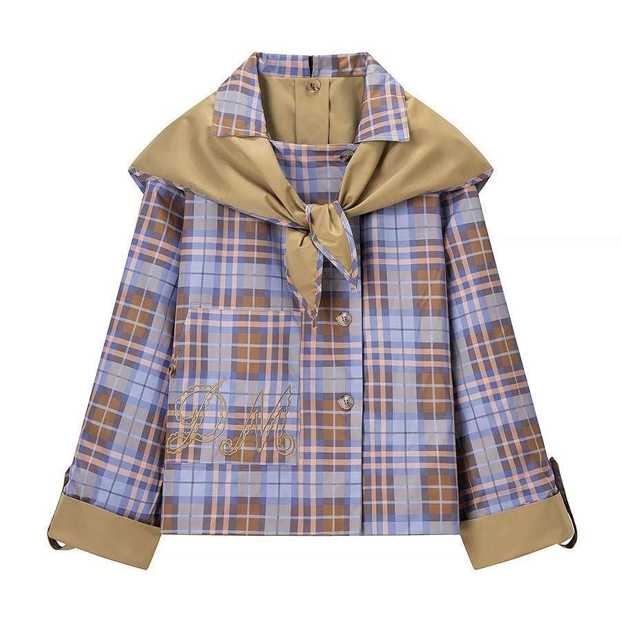 Single breasted double-sided long sleeved checkered embroidered jacket for women - tif-shop24.de