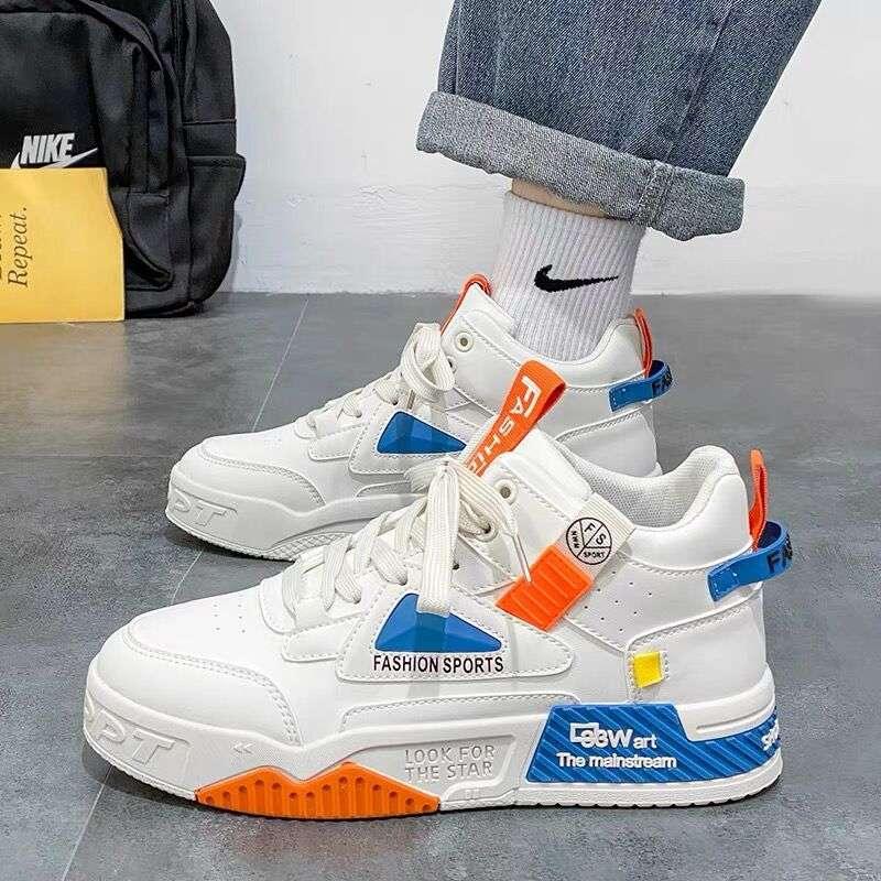 Spring men's new breathable high top shoes, men's trendy and versatile white shoes, thick soled sports shoes, casual board shoes - tif-shop24.de