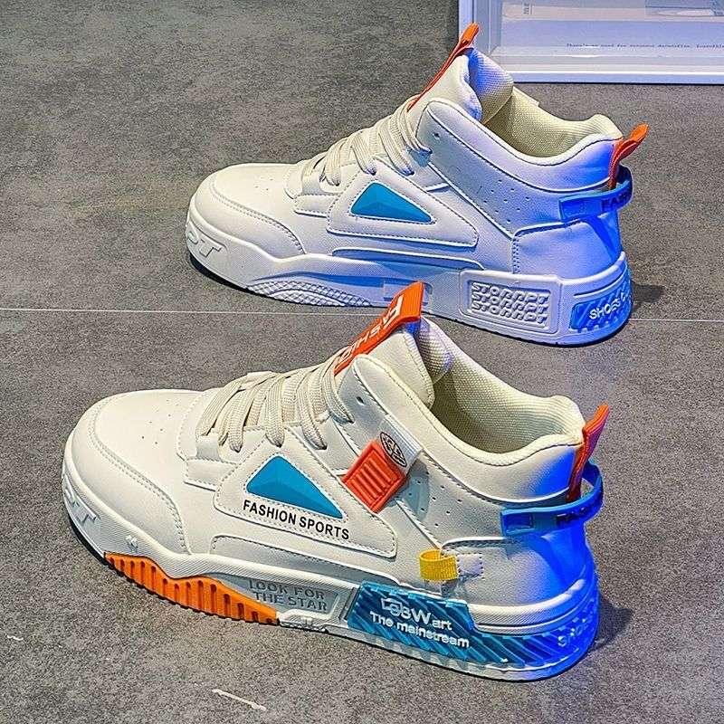 Spring men's new breathable high top shoes, men's trendy and versatile white shoes, thick soled sports shoes, casual board shoes - tif-shop24.de