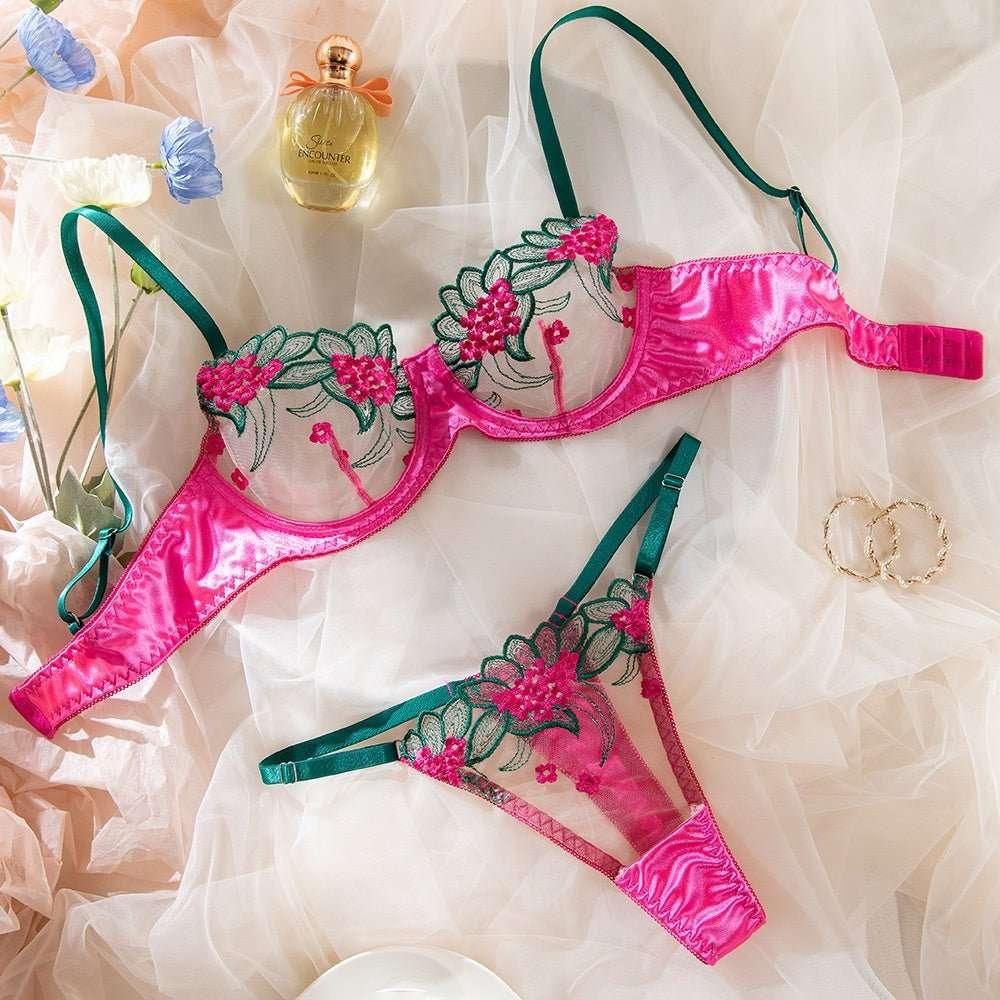 Summer Mesh Floral Embroidery Sheer Underwire Gathered Bra Panty Sexy Lingerie Women's Set - tif-shop24.de
