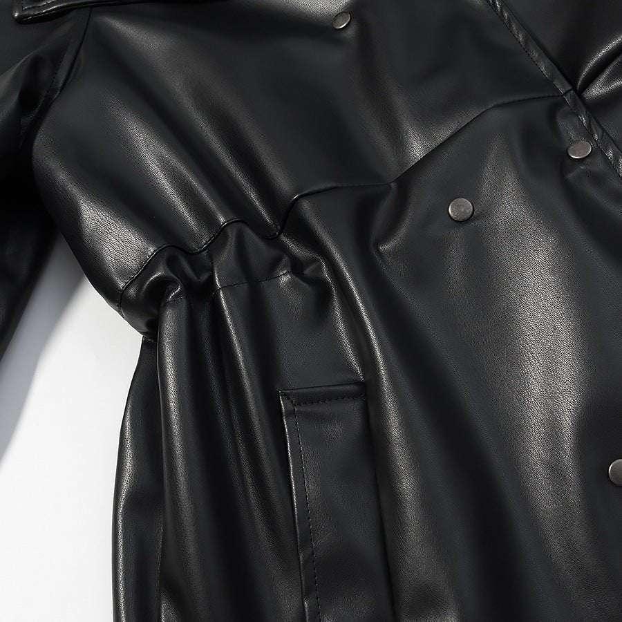 Temperament stand collar long sleeved single breasted black PU jacket with waist cinching for women - tif-shop24.de