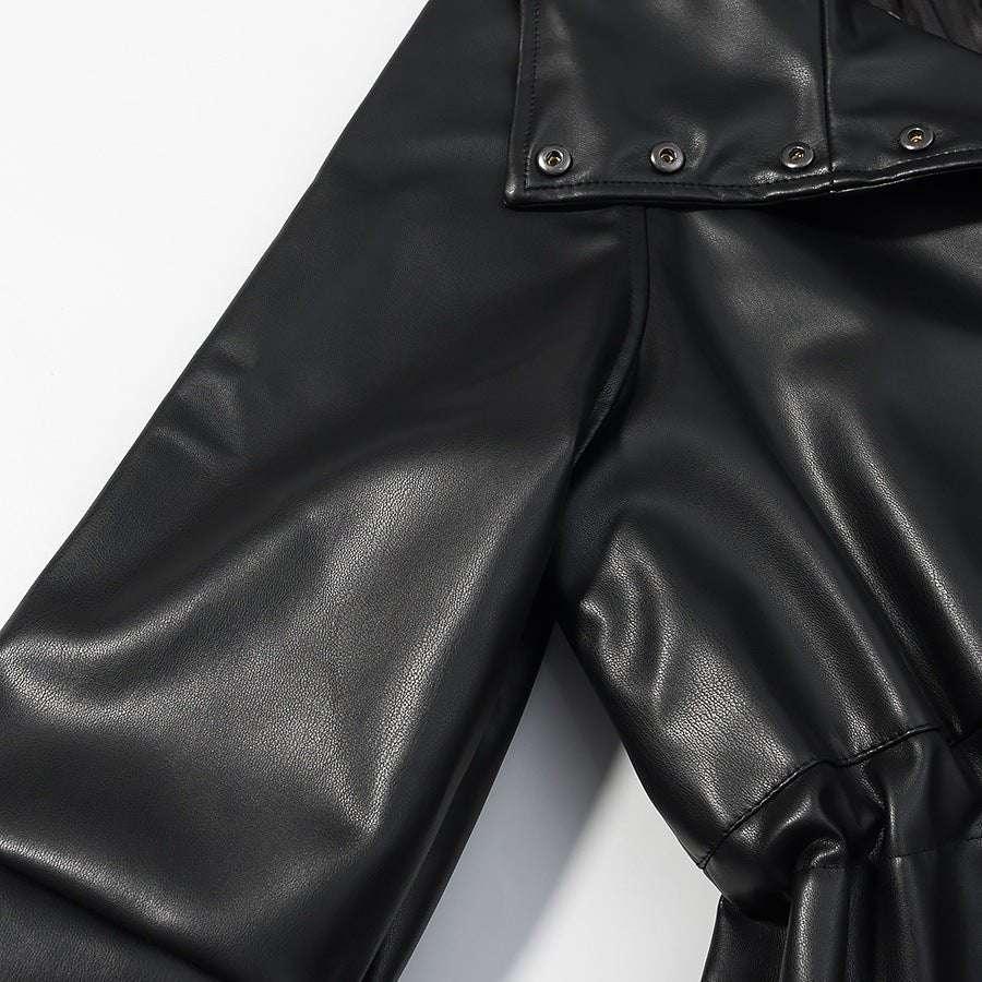 Temperament stand collar long sleeved single breasted black PU jacket with waist cinching for women - tif-shop24.de