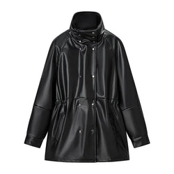 Temperament stand collar long sleeved single breasted black PU jacket with waist cinching for women - tif-shop24.de