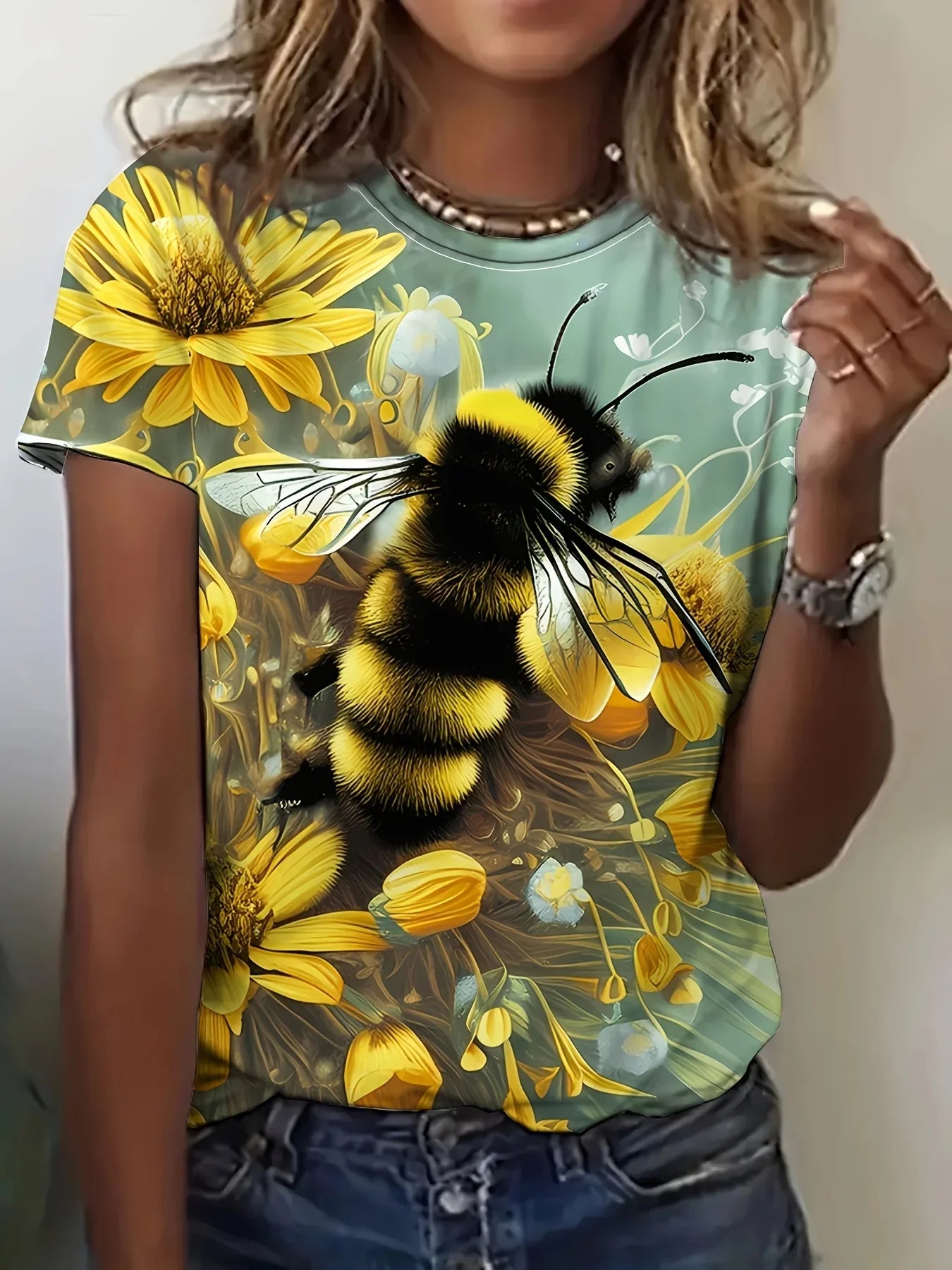 Bee & Floral Print T-Shirt, Lässiges Kurzarm-Crewneck-Top Für Frühling & Sommer - tif-shop24.de