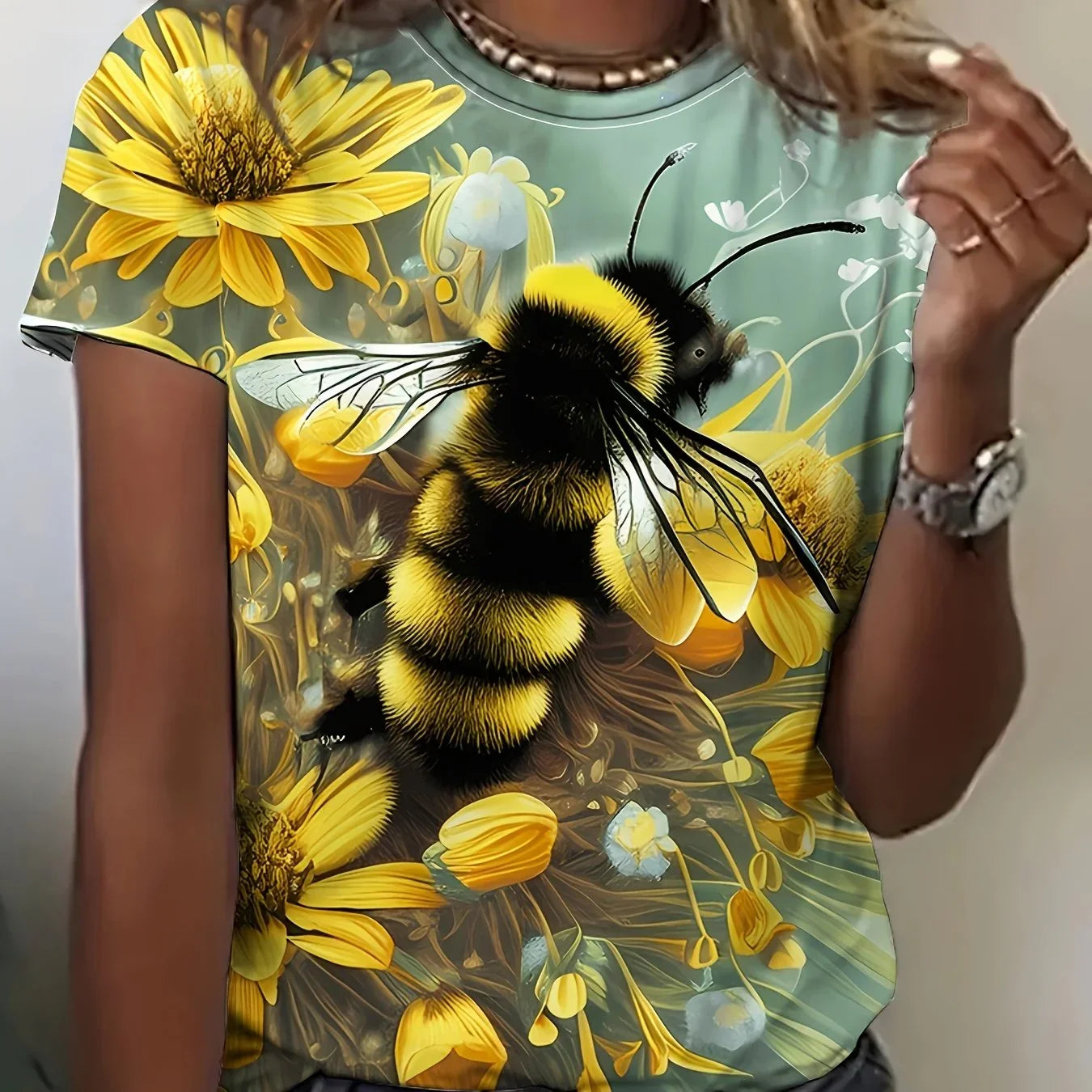 Bee & Floral Print T-Shirt, Lässiges Kurzarm-Crewneck-Top Für Frühling & Sommer - tif-shop24.de