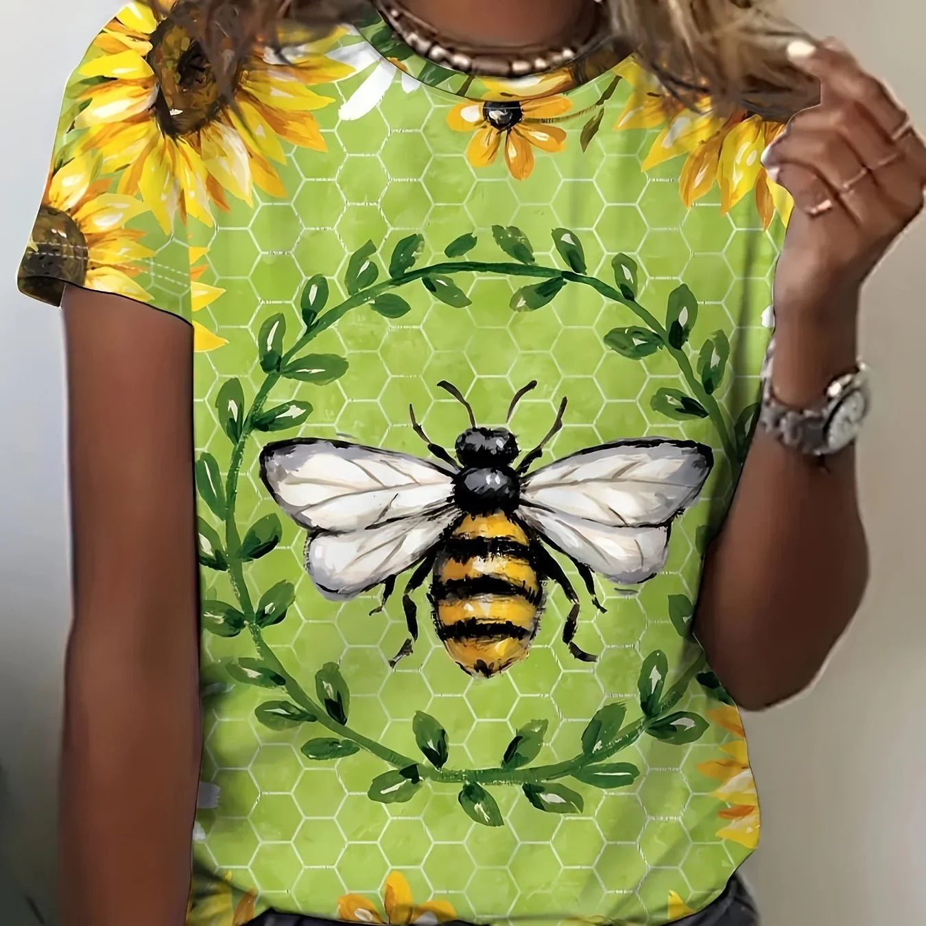 Bee & Floral Print T-Shirt, Lässiges Kurzarm-Crewneck-Top Für Frühling & Sommer - tif-shop24.de