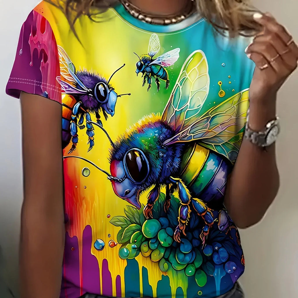 Bee & Floral Print T-Shirt, Lässiges Kurzarm-Crewneck-Top Für Frühling & Sommer - tif-shop24.de