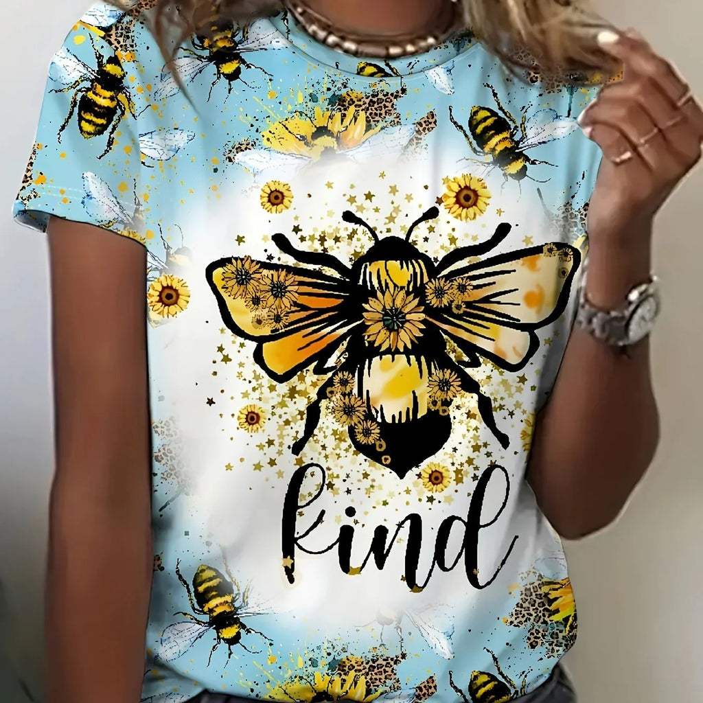 Bee & Floral Print T-Shirt, Lässiges Kurzarm-Crewneck-Top Für Frühling & Sommer - tif-shop24.de