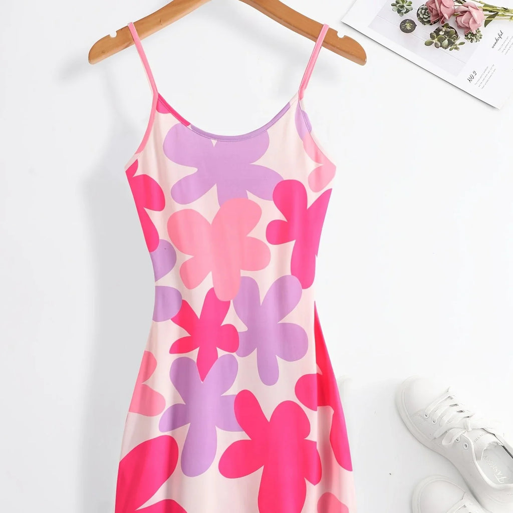 Bodycon Cami-Kleid Mit Blumendruck, Sexy Rückenfreies Spaghetti-Kleid - tif-shop24.de
