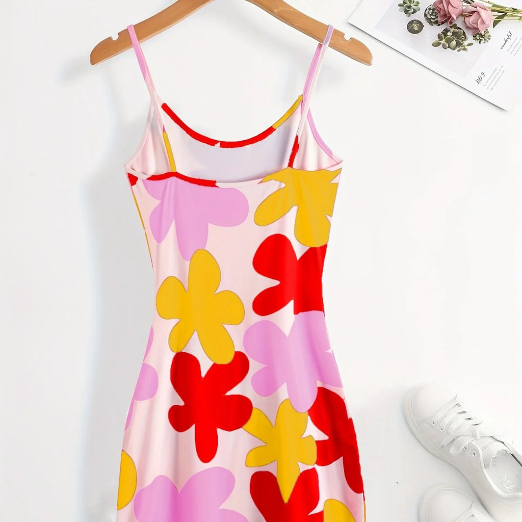 Bodycon Cami-Kleid Mit Blumendruck, Sexy Rückenfreies Spaghetti-Kleid - tif-shop24.de