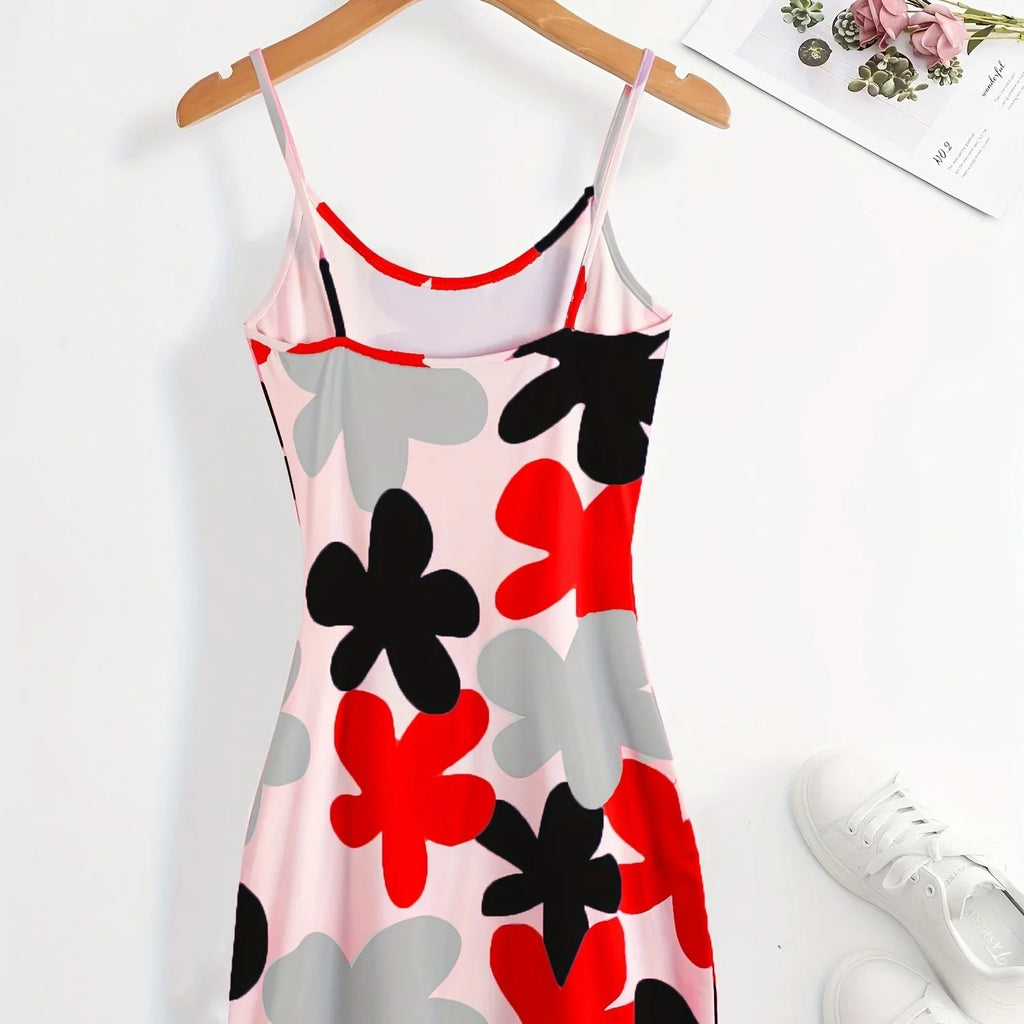 Bodycon Cami-Kleid Mit Blumendruck, Sexy Rückenfreies Spaghetti-Kleid - tif-shop24.de