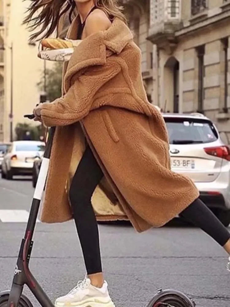 Lamm Wolle Vintage Einfarbig Mittlere Länge Plüsch Casual Lose Langarm Dicke Warme Mantel | tif-shop24.de