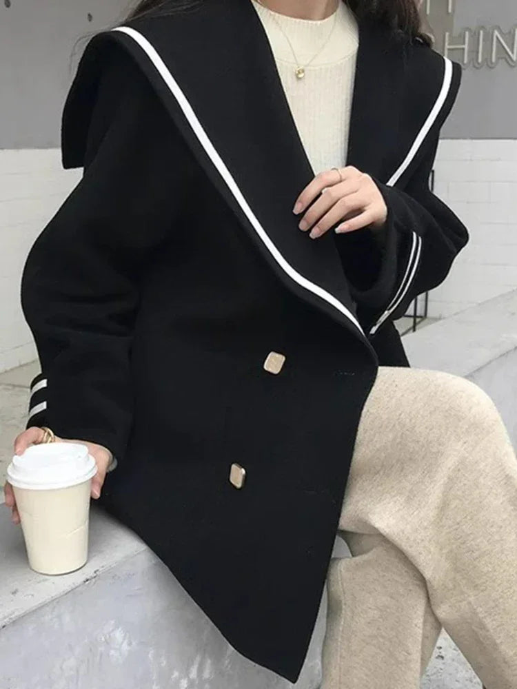 Vintage Kontrast Farbe Gestreiften Zweireiher Große Revers Kaschmir Wolle Lose Mantel | tif-shop24.de