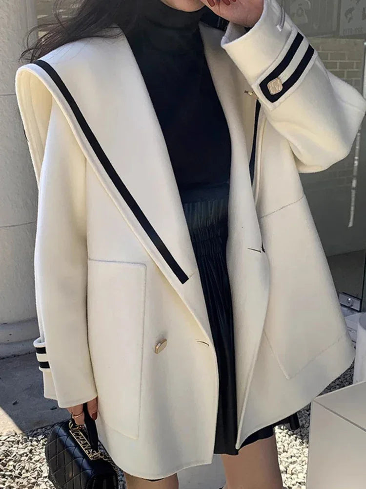 Vintage Kontrast Farbe Gestreiften Zweireiher Große Revers Kaschmir Wolle Lose Mantel | tif-shop24.de