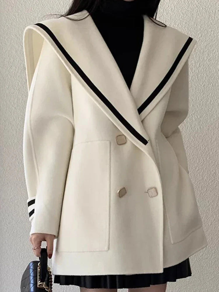 Vintage Kontrast Farbe Gestreiften Zweireiher Große Revers Kaschmir Wolle Lose Mantel | tif-shop24.de