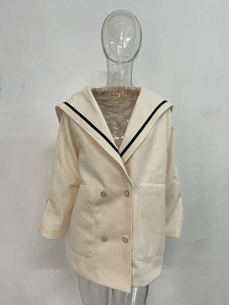 Vintage Kontrast Farbe Gestreiften Zweireiher Große Revers Kaschmir Wolle Lose Mantel | tif-shop24.de