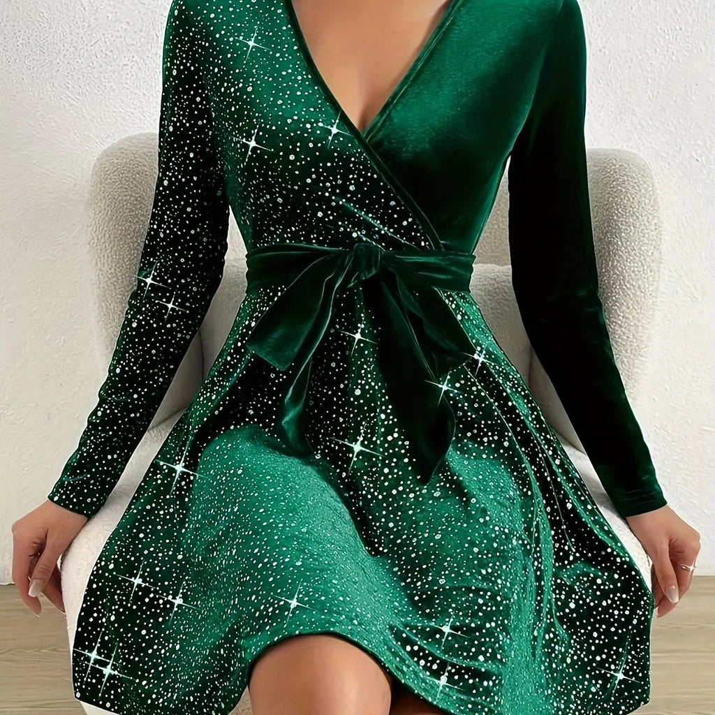 Einfarbiges Minikleid Mit Kontrastpailletten Elegantes V-Ausschnitt Langarmkleid | tif-shop24.de