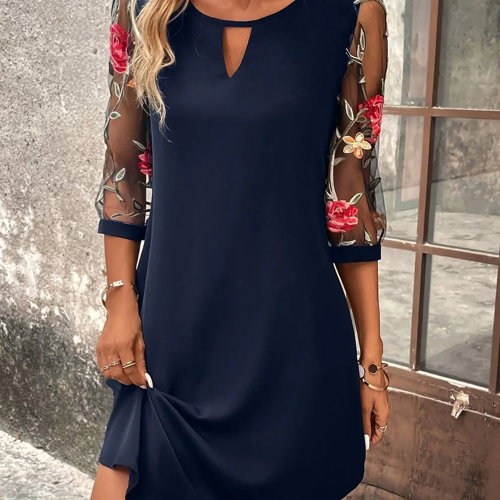 Kontrast Mesh Blumenmuster Elegante Schlüsselloch-Ausschnitt 3/4 Ärmel Kleid | tif-shop24.de