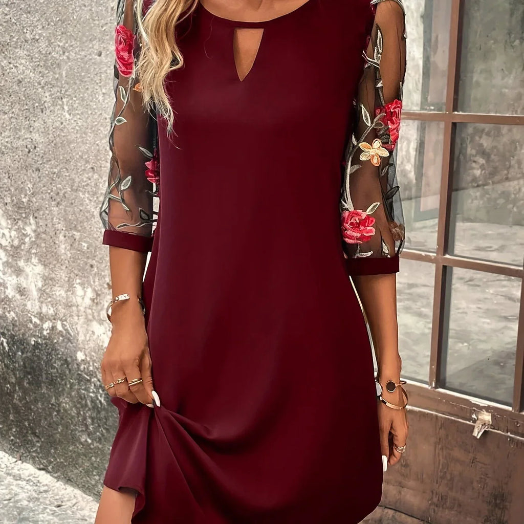Kontrast Mesh Blumenmuster Elegante Schlüsselloch-Ausschnitt 3/4 Ärmel Kleid | tif-shop24.de